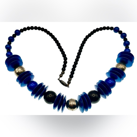 3 for $30 Vintage 1980s Blue Black and SilverTone Long Beaded Statement Necklace - Picture 7 of 7